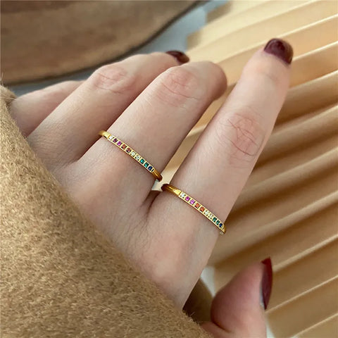 INS Stainless Steel Rainbow Color Cubic Zircon Stone Finger Rings for Women Gold Color Waterproof Stars Ring Jewelry Gift