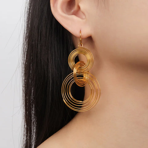 Fashion 3 Layers Round Long Earrings for Women Stainless Steel Gold Plated Hoop Earring High Quality Jewelry Hip Hop Accessories