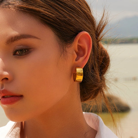 Waterproof Stainless Steel Chunky C-Shaped Hoop Wide Pendant Earrings Charm Gold Color 18K PVD Plated Statement Jewelry