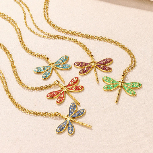 Gold Color Stainless Steel Necklaces For Women Dragonfly Pendants Choker Fashion Vintage Insect Jewelry Accessories Gift Collier