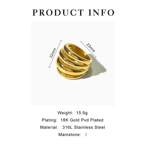 Peri'sbox Stainless Steel 18K Pvd Gold Plated Chunky Dome Ring Free Tarnish Multi-layer Full Solid Rings for Women Man Unisex