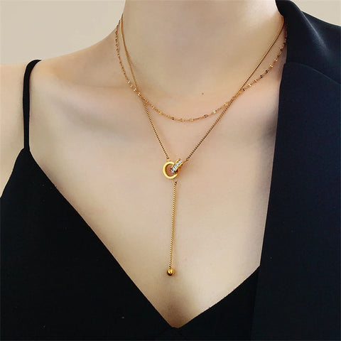 316L Stainless Steel 2 Layer Circle Zircon Tassels Pendant Charms Chain Necklaces Ladies Fashion Exquisite Jewelry Party Gifts