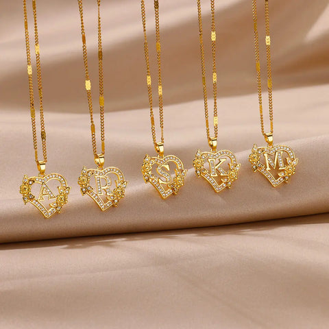 Zircon Flower Initials Necklaces For Women Stainless Steel Heart Gold Color Letter Chain Collar Jewelry free shippping items