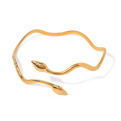 18k Gold Plated Light Cozy Wavy Double-headed Snake Design Bracelet Stainless Steel Statement Waterproof Jewelry Women