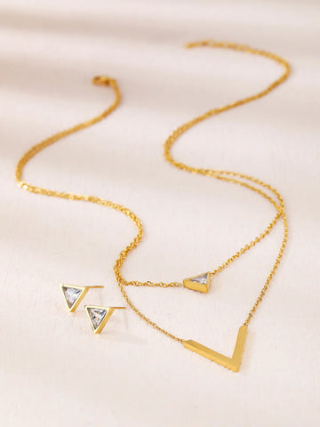 3 Piece Set Fashion Chic Ladies Triangle Zircon V-shaped Stainless Steel Double Necklace Classic Earrings Lovers Date Party Chri