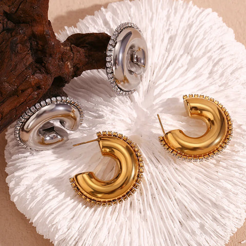 Waterproof Stainless Steel Zircon Trim Glossy Hollow Earrings for Women Statement Gold Color Women Jewelry