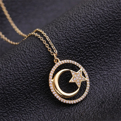 Fashion Sun Moon Star Zircon Pendant Necklace Stainless Steel Light Luxury Choker Jewelry Party Gifts For Women Girls