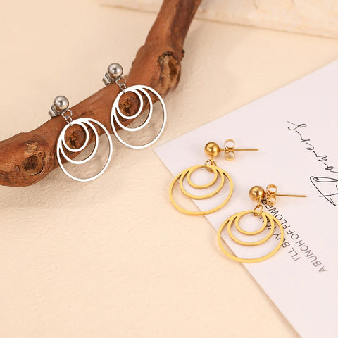 Stainless Steel Earrings Three-layer Round Geometric Statement Pendant Korean Fashion Dangle Earrings For Women Jewelry Gift New