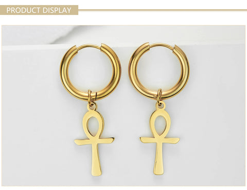 Skyrim Egypt Ankh Cross Drop Earrings Women Gold Color Stainless Steel Dangle Earrings Amulet Crucifix Egyptian Jewelry Gift