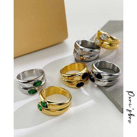 Peri'sbox Statement Clear Green Cz Thick Double Dome Ring Women Stainless Steel Gold Color Chunky 2 Layered Wide Ring Waterproof