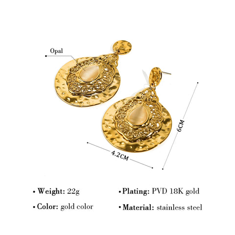 WILD & FREE Vintage Luxury Stainless Steel Drop Earrings for Women Opal Metal Textured Gold Plated Jewelry