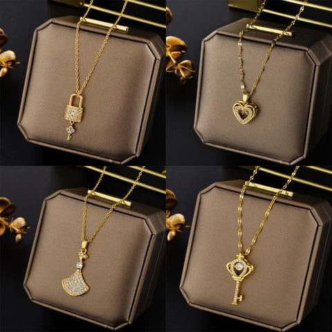 New Light Luxury Zircon Crystal Pendant Necklaces For Women Korean Fashion Sweet Sexy 316L Stainless Steel Neck Chain Jewelry