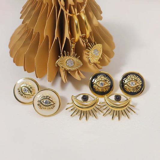 WILD & FREE Trendy Zircon Eyes Stainless Steel Stud Earrings for Women Ear Piercing Gold Plated Waterproof Jewelry