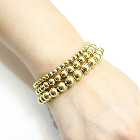 Fashion Jewelry 18K Gold Plated Waterproof Metal Ball High Quality Smooth Diameter 3/4/6/8mm Elastic Stainless Steel Bracelet