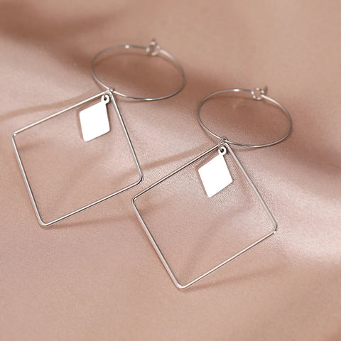 Stainless Steel Earrings Vintage Geometric Large Square Fashion Pendant Earrings For Women Jewelry Temperament Girl Gift