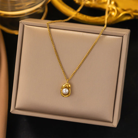 316L Stainless Steel Simplicity Retro Pea Pearl Geometry Pendant Clavicle Chain Ladies Necklaces Fashion Jewelry SAN1743