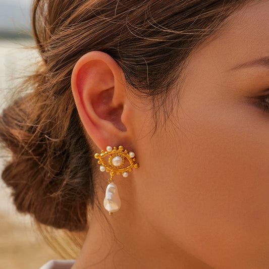 Uworld Luxury Waterproof  Evil Glass Pearl 18k Gold Color Fashion Huggie Hoop Earrings Jewelry for Women aretes de mujer 2023