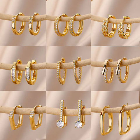 Aesthetic Circular Stainless Steel Hoop Earrings Jewelry Set For Women Gold Color Zircon Earring Luxury 2023 Pendientes Jewelry