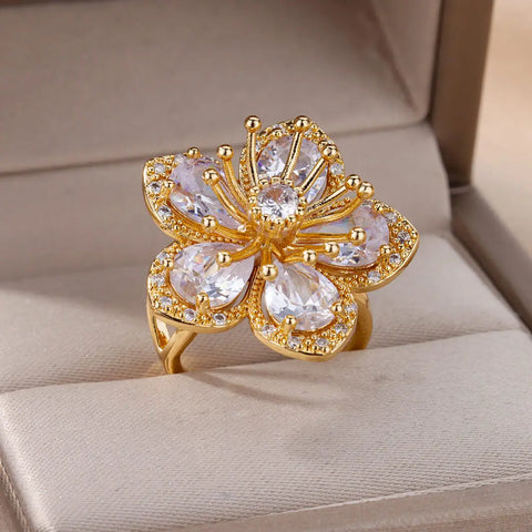 Delicate Pink Zircon Flower Rings for Women Gold Color Stainless Steel Ring 2024 Trend Elegant Luxury Aesthetic Jewelry anillos