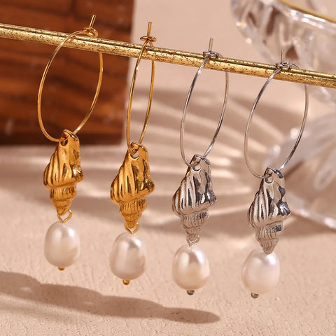 Waterproof Smooth Stainless Steel Freshwater Pearl Conch Pendant Earrings for Women Statement Gold Color Women Jewelry