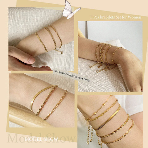 Gold Plated Bracelets Set for Women, 5pcs Chain Link Stainless Steel Statement Bracelet Stackable Layered Jewelry Adjustable