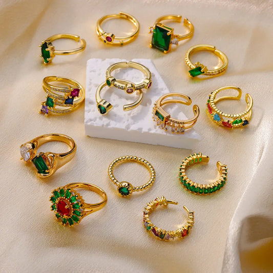 Luxury Zircon Green Rings for Women Adjustable Gold Color Stainelss Steel Ring Wedding Enagement Jewelry Gifts anillos mujer