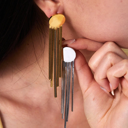 16K Gold Color Stainless Steel Long Strip Tassel Round Stud Earrings for Women Waterproof Jewelry Fashion Statement Earring Gift