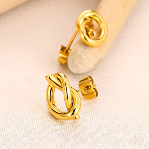 Minimalist Knot Earrings Female Punk Stainless Steel Golden Color Ear Studs Cross Irregular Earrings Waterproof Jewelry Gifts