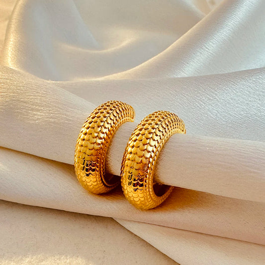 Punk Large Thick C Shape Hoop Earrings for Women Gold Plated Stainless Steel Fish Scale Ear Hoops Lightweight Jewelry New 2024