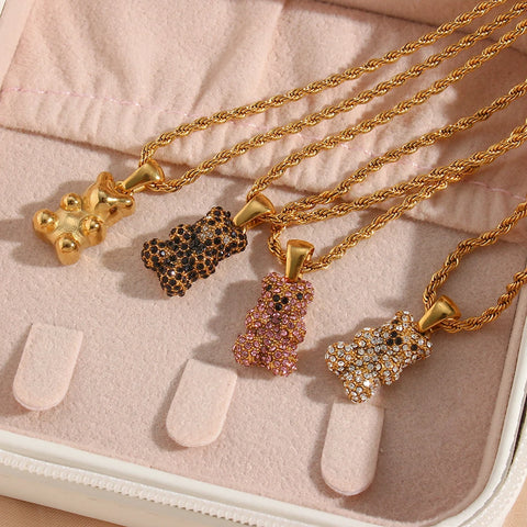 New Lovely Pink Black Clear Zircon Bear Pendant NecklaceS 18K Gold Plated Waterproof Tarnish Free Jewelry for Women