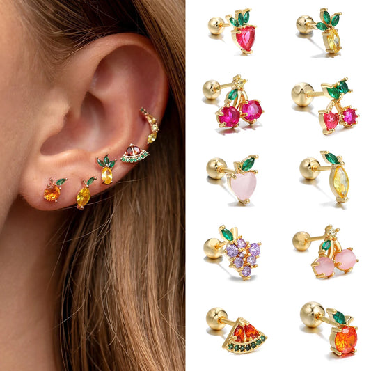 1PC Korean Gold Color Stainless Steel Zircon Ear Piercing Earrings For Women Fruits Ear Studs Cartilage Earring Unusual Jewelry