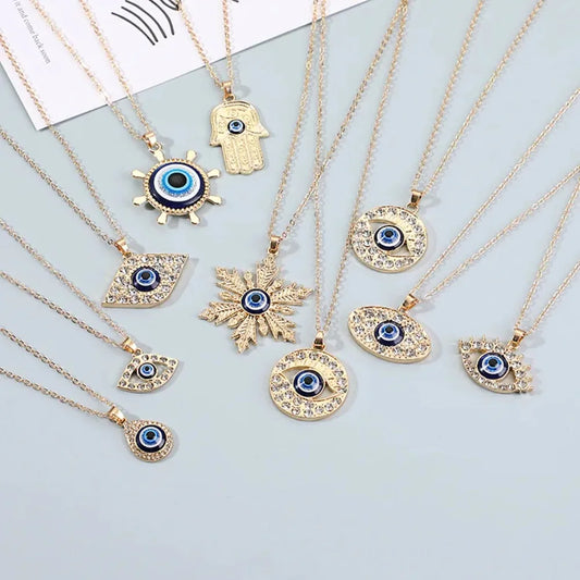 Heart Turkish Blue Evil Eye Necklace for Women Sun Flower Gold Color Pendant Men's Collars Long Stainless Steel Chains Jewelry