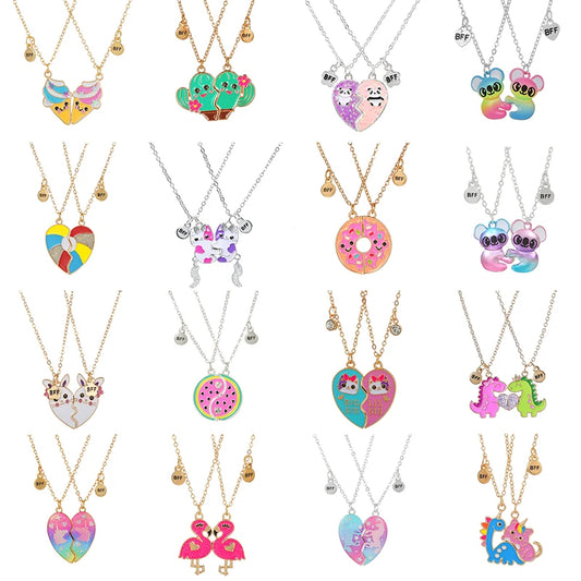 2Pcs/set Heart Shaped Cute Cat Unicorn Koala Bear Pendant Girl BFF Necklace for Kids Best Friend Sister Friendship Jewelry Gifts