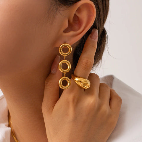 18K Gold Plated O-shaped Tarnish-proof Stainless Steel Exaggerated Multiple Circle Dangle Stud Earrings/Bracelet Set