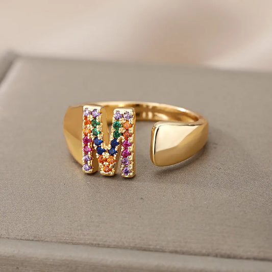 Rainbow Zircon Letter Rings for Women Gold Color Stainless Steel Initial Ring Adjustable Wedding Couple Rings Boho Jewelry Bague