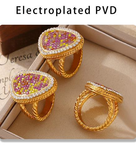 Colorful Rhinestones Beautiful Rings for Women Gold Plated Waterproof Stainless Steel Ring Exaggerate Finger Jewelry Gift