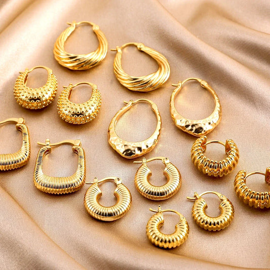 Vintage Stainless Steel Twist Chunky Puff Dome Hoop Earrings Waterproof U Shape Huggie Fashion Charm Ear Jewelry Pendientes