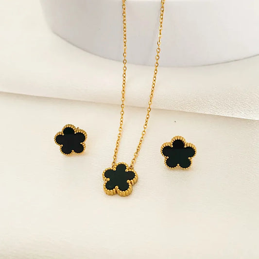 2pcs/set Flower Stainless Steel Pendant Necklace Earrings for Women 2023 Trending Clover New In Fashion Jewelry Set Accessories