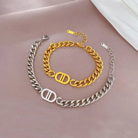 New Design Gold Color Metal Letter D Bracelets for Women Men Thick Link Cuban Stainless Steel Chian Jewelry