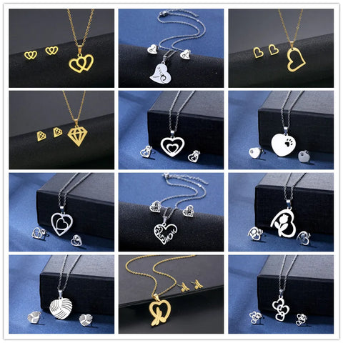 Stainless Steel Jewelry Sets Love Heart Paw Triangle Necklaces &  Earings Set Metal Silver Plated Pendant Studs Wholesale