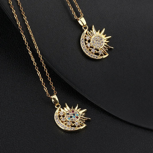 Fashion Sun Moon Star Zircon Pendant Necklace Stainless Steel Light Luxury Choker Jewelry Party Gifts For Women Girls