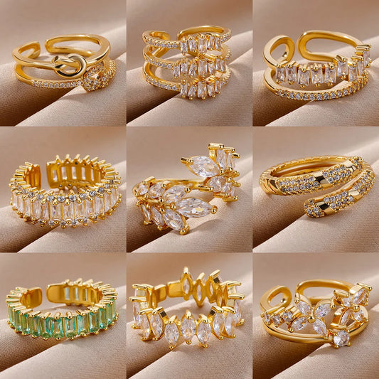 Stainless Steel Gold Color Zircon Rings For Women Vintage Luxury Band Pearl Butterfly Finger Rings Female Trendy Jewelry Gifts