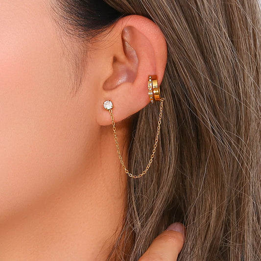 2023 New Stainless Steel Hypoallergenic Waterproof Rhinestone Gold Plated Chain Ear Cuff For Women Clip On Earrings Jewelry