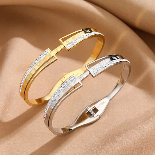 Engraved Roman Numerals Bangle for Women Stainless steel luxury gold plated Inlaid zircon spring buckle open oval bracelet gifts