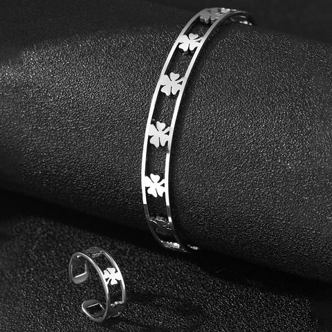 Stainless Steel Jewelry Set Clover Simple Skeleton Design Bracelet Ring Combo Set  For Women Jewelry Party Gift Recommendation