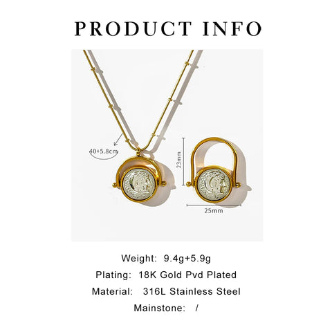 Peri'sbox Mix Gold Silver Plated Greek Roman Coin Pendant Necklace Ring Set Women Stainless Steel Free Tarnish Medallion Jewelry