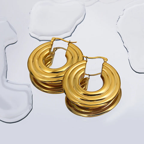 Golden Round Statement  Earrings For Women Elegant Stainless Steel Hoop Earrings Waterproof Jewelry Teen Gifts