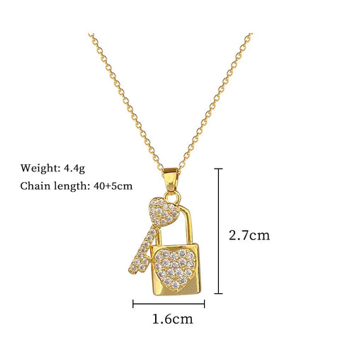 Stainless Steel Chain Classic Shiny Zircon Key Love Lock Pendant Necklace for Women Lady Vintage Jewelry Accessories Gifts