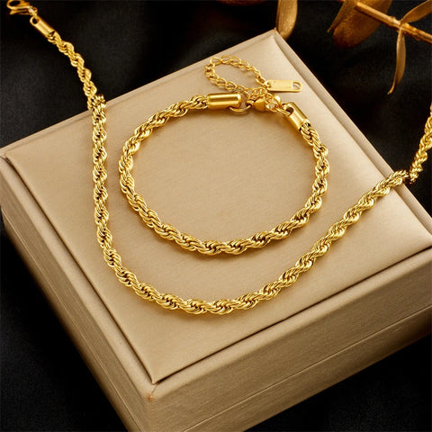 316L Stainless Steel Gold Color Chain Necklace Bracelets For Women Girl Fashion Non-fading Lady Jewelry Set Accessories