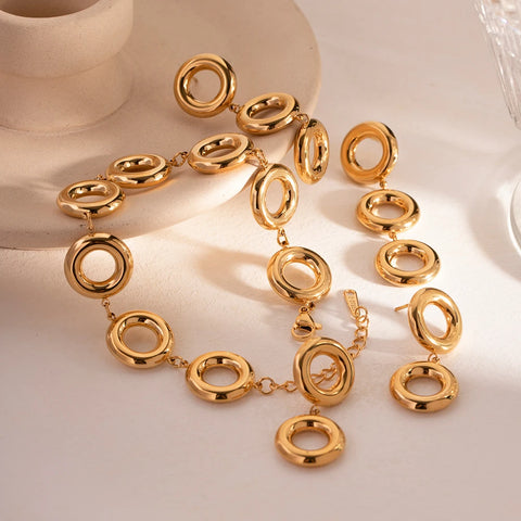 18K Gold Plated O-shaped Tarnish-proof Stainless Steel Exaggerated Multiple Circle Dangle Stud Earrings/Bracelet Set